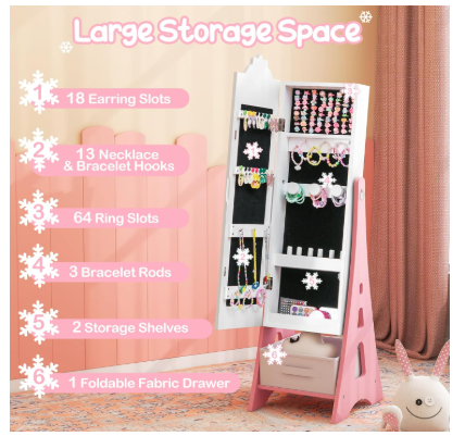 Kids Jewelry Armoire Cabinet, 43.5" with Full-Length Mirror (Assembled)