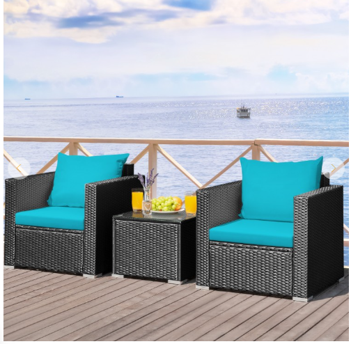 3 Pieces Cushioned Rattan Patio Set with Coffee Table-Turquoise, Fully Assembled