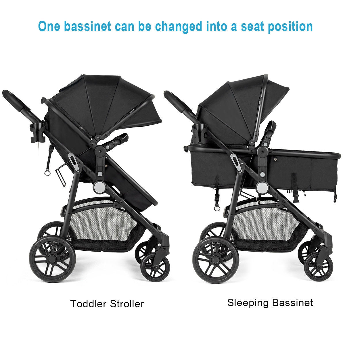2 in 1 Foldable Pushchair Newborn Infant Baby Stroller-Black (Assembled)