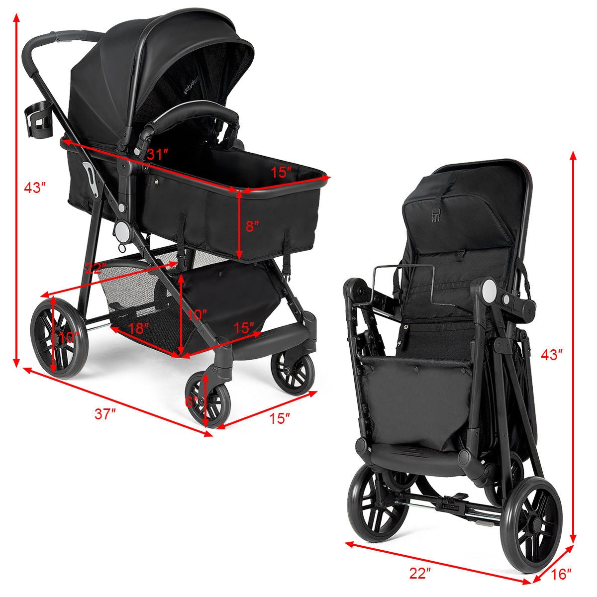 2 in 1 Foldable Pushchair Newborn Infant Baby Stroller-Black (Assembled)