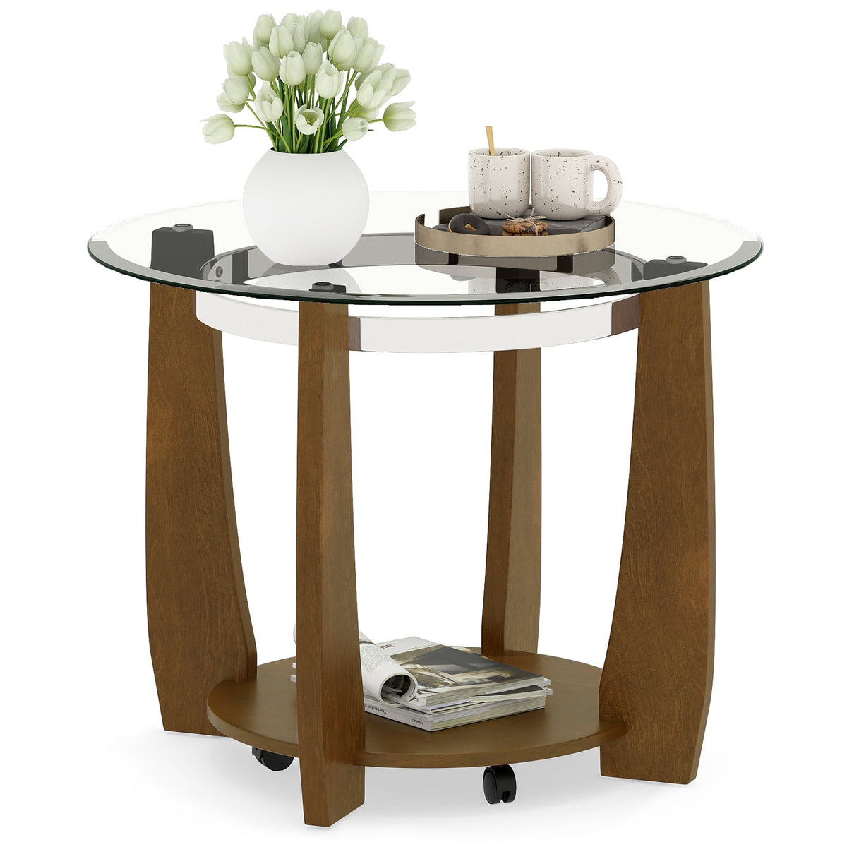 32" 2-Tier Glass Round Coffee Table with Storage Shelf-Walnut
