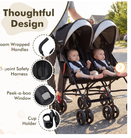 Foldable Twin Baby Double Stroller Ultralight Umbrella Kids Stroller-Black