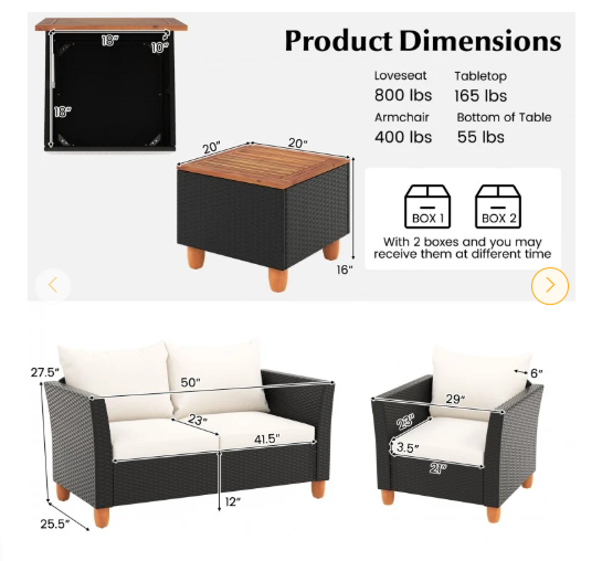 4 Pieces Outdoor Conversation Set with Storage Coffee Table - White - [Factory Defect] (Assembled)