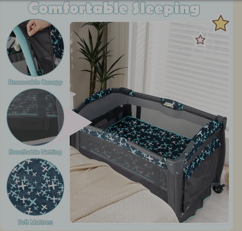 4 in 1 Portable Baby Crib with Flip-Away Changing Table, Foldable Playard Bassinet Nursery Center