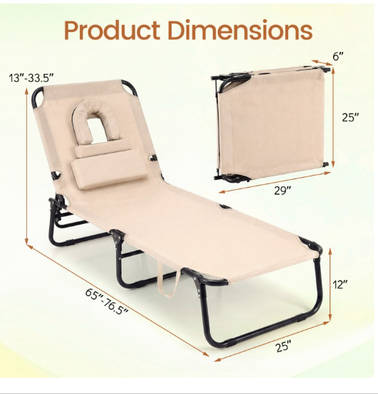 Folding Face Down Tanning Chair with Face Hole 3 Removable Pillows-Beige