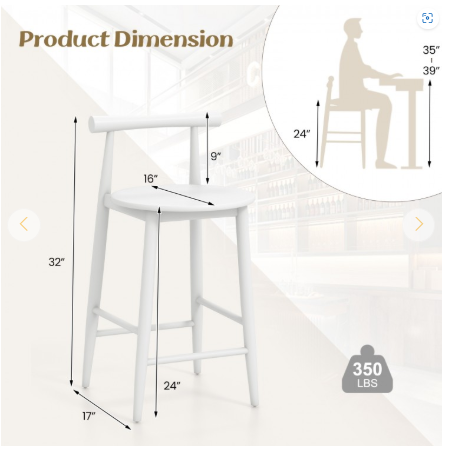 Set of 2 - Counter Height Bar Chair Set with Acacia Wood Frame -White (Shipping Damage)
