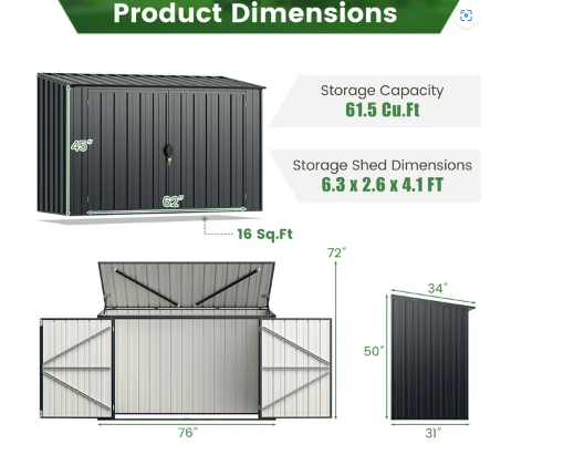 6.3 x 2.6 FT Metal Outdoor Storage Shed w/ Lockable Door Hydraulic Gas Rod _ Customer Return