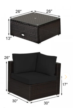3 Pieces Patio Rattan Sectional Conversation Sofa Set with Coffee Table-Black