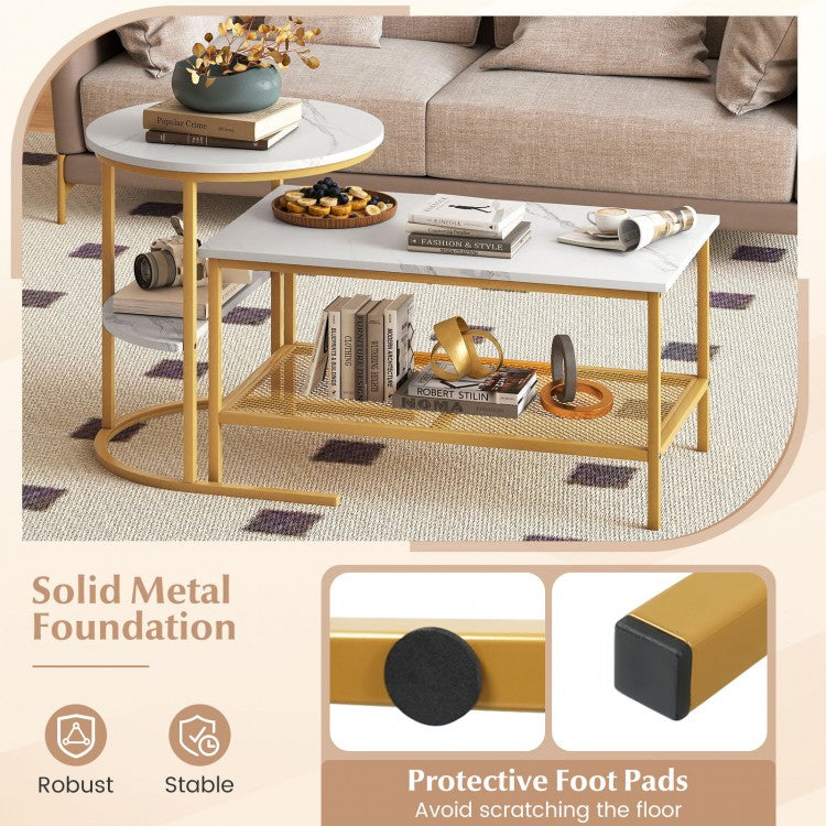2-Tier Rectangle Coffee Table and Side End Table with Storage Shelves- (Scratch and Dent)
