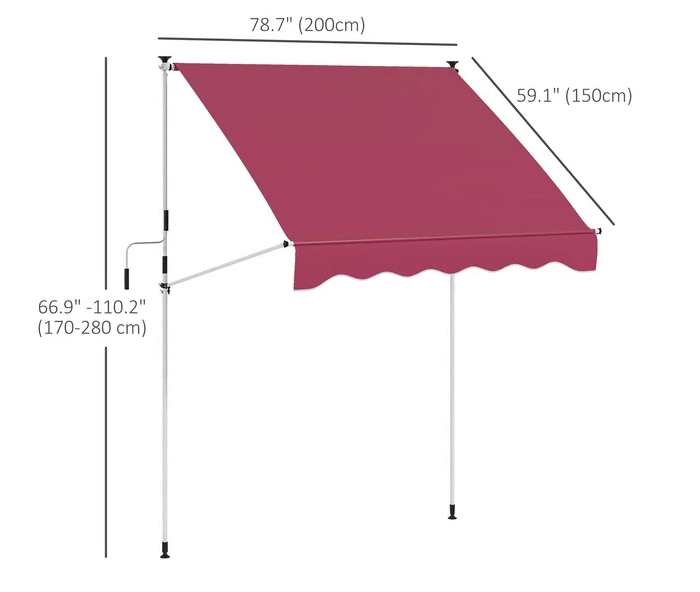 6.6'x5' Manual Retractable Patio Awning Sun Shelter, Wine Red