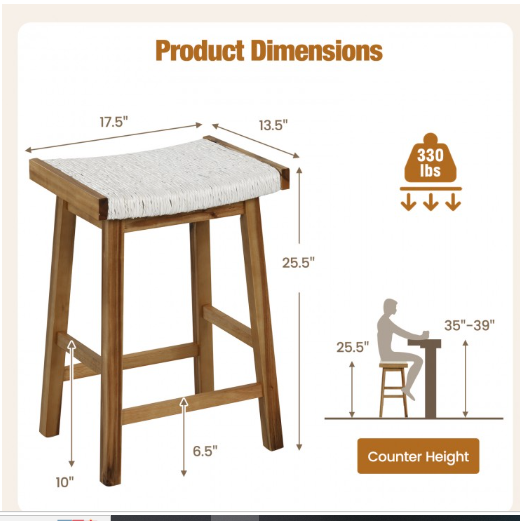 Set of 2 25.5 Inch Dining Bar Stool with Seaweed Woven Seat (Assembled)