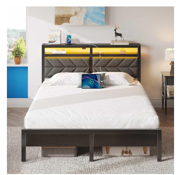 Bed Frame Queen Size with LED/Charging Station, Grey - (1 Box, Unassembled)