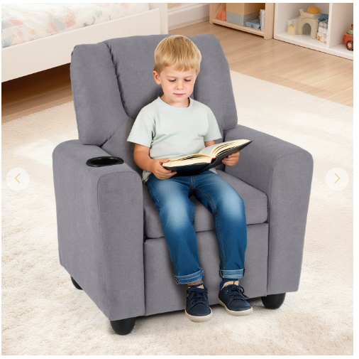 Kids Recliner Chair Push Back Toddler Reclining Armchair with Cup Holder-Grey