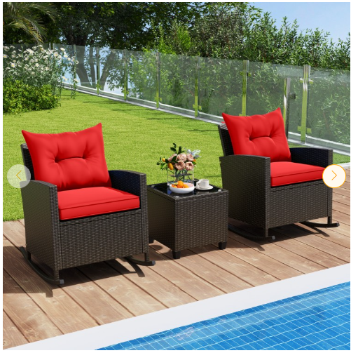 3-Piece Patio Rattan Rocker Chairs with Glass Table, Red (Fully Assembled)