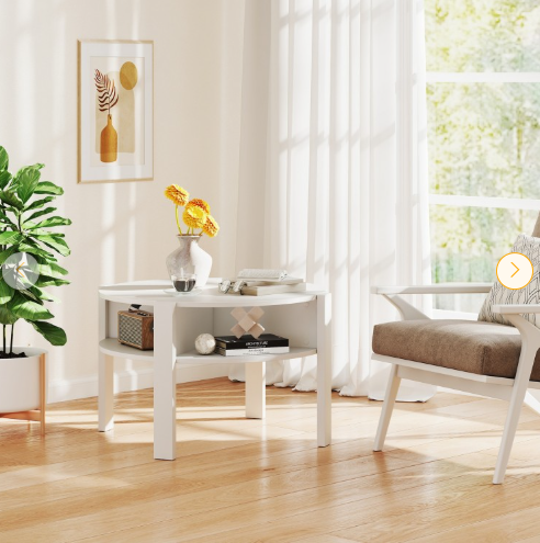 29.5 Inch Round Coffee Table with Storage Shelves for Small Space-White