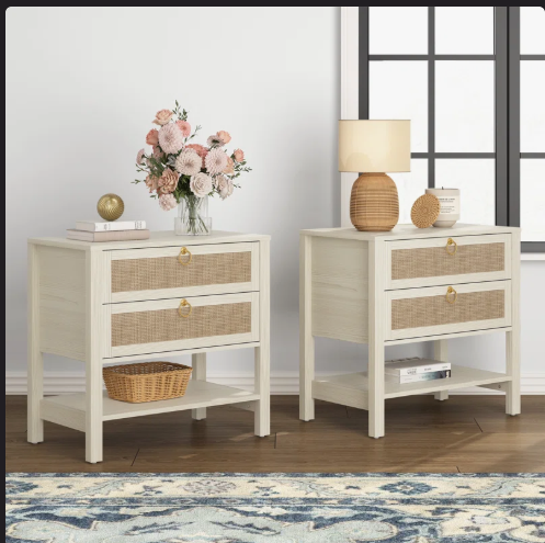 SET of 2 - Pomodoro Rattan Nightstand With 2-Drawer And 1 Open Shelf (Fully Assembled)
