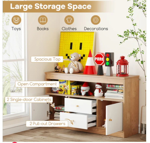 Kids Toy Storage Organizer with Open Shelf and 2 Drawers for Playroom-Natural (Assembled)