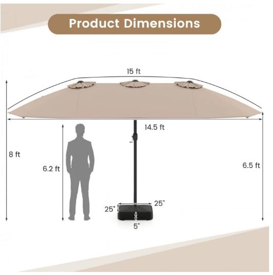 15 Feet Double-Sided Twin Umbrella and Base-Beige