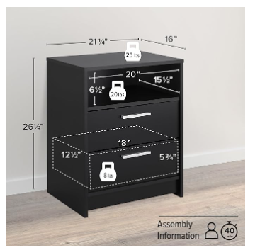 Nightstand Bedside with 2 Drawers and Open Shelf, Black (Fully Assembled)