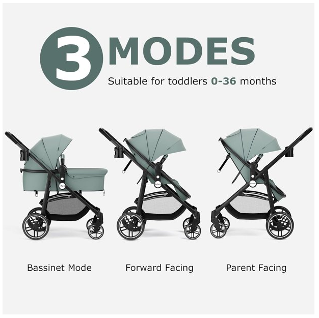 2 in 1 Baby Stroller, High Landscape Infant Stroller and Reversible Bassinet Pram with Adjustable Canopy (Grey)