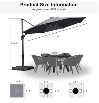 11 FT Outdoor Patio Umbrella with 360° Rotation and Adjustable Tilt-Grey