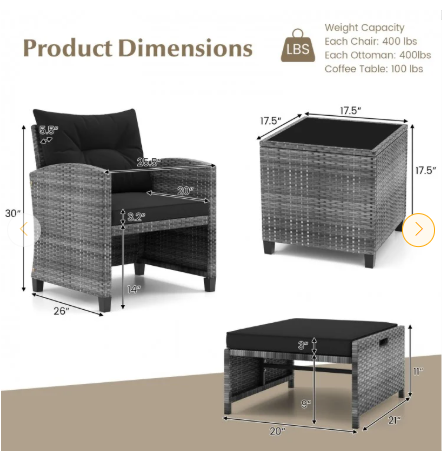 5 Piece Patio Rattan Furniture with 2 Ottomans and Tempered Glass Coffee Table-Black (Assembled)