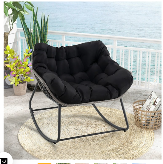 Outdoor Rocking Chair Oversized Patio PE Wicker Egg Chair with Cushion - Black