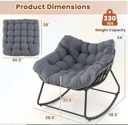 Outdoor Rocking Chair Oversized Patio PE Wicker Egg Chair with Cushion-Gray (Assembled)