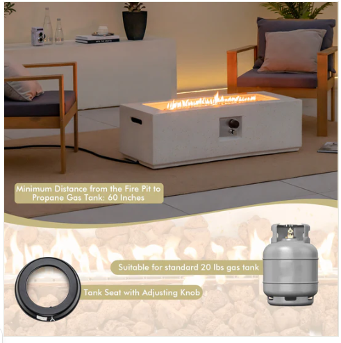 42 Inch 50 000 BTU Rectangle Terrazzo Fire Pit Table with PVC Cover-White