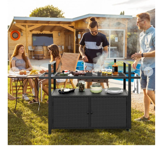 TAX FREE/SPECIAL - Bar Cart Wicker Buffet Serving Cart with Cabinet and 8 Hooks (See Decsription)