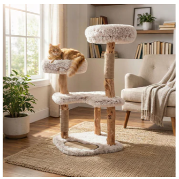 Modern Cat Tree Tower 40" with Luxury Real Wood Natural Branch, Natural & White