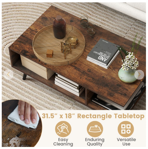 Mid Century Modern Rectangle Coffee Table 2-Tier -Rustic Brown (Assembled)