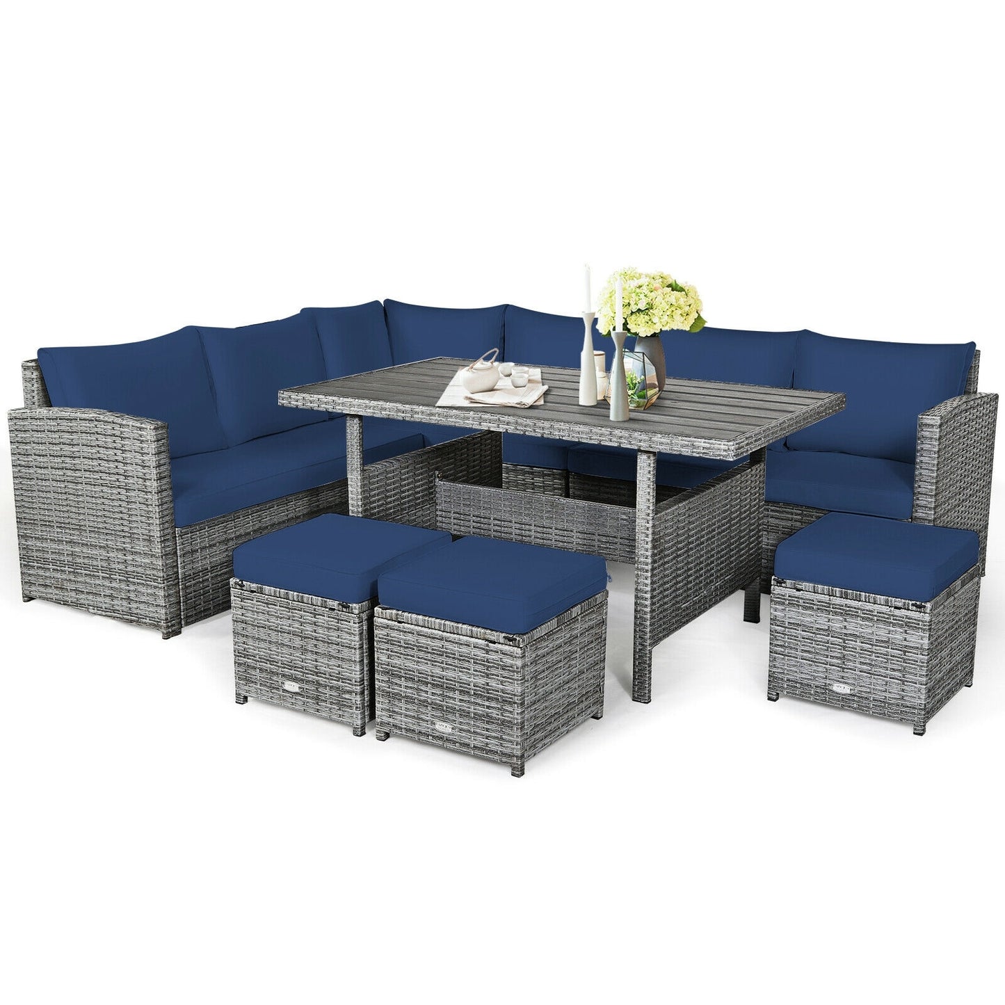 NO TAX SPECIAL, 7 Pieces Patio Rattan Dining Furniture Sectional Sofa Set with Wicker Ottoman-Navy (Copy)
