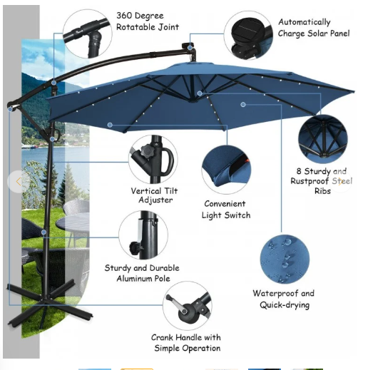 10 Feet 360° Rotation Solar Powered LED Patio Offset Umbrella without Weight Base