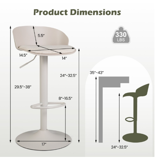 Set of 2 Adjustable Swivel Bar Stools w/ Back & Footrest 330 LBS for Dining