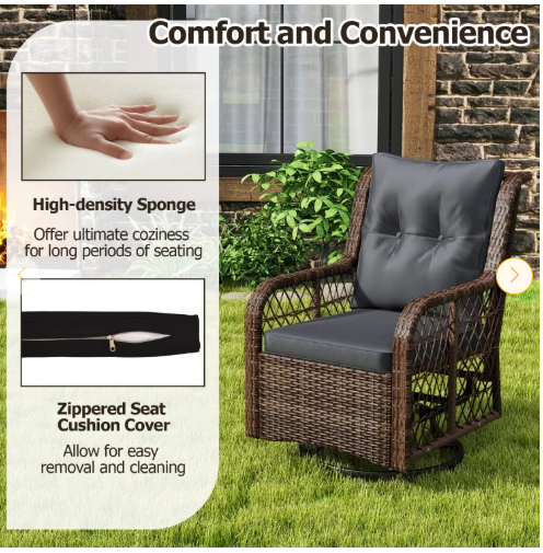 3 Pieces Patio Furniture Set PE Wicker Swivel Glider Chairs with 2-Tier Side Table and Cushions-Black (Assembled)