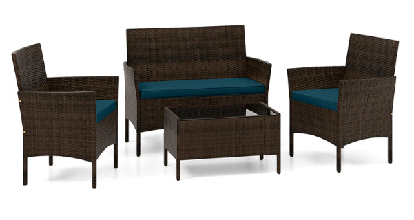 TAX FREE - 4 Piece Patio Rattan Conversation Set with Cozy Seat Cushions-Peacock Blue (Assembled)