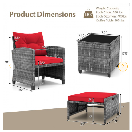 5 Piece Patio Rattan Furniture with 2 Ottomans and Tempered Glass Coffee Table-RED (Fully Assembled)