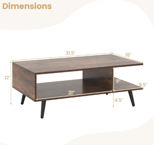 Mid Century Modern Rectangle Coffee Table 2-Tier Accent Table with 2 Open Compartments-Rustic Brown (Assembled)