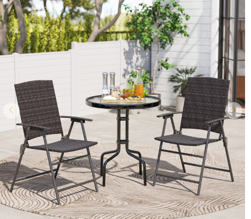 Set of 2 - Folding Patio Wicker Dining Chairs with Armrests and Metal Frame
