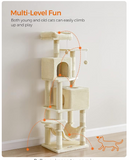 (Unassembled) - Cat Condo, cat  tree, 61-Inch Cat Tower with 5 Scratching Posts, 2 Perches, 2 Caves, Hammock, 2 Pompoms, Beige (1 Box, Unassembled)