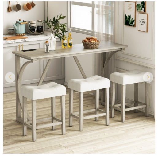 4-Piece Bar Table Set with Power Outlet and Upholstered Saddle Seat Stools (Fully Assembled)