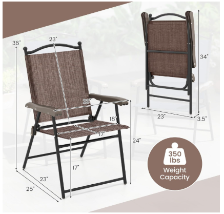 Set of 2 Patio Folding Sling Back Camping Deck Chairs-Brown