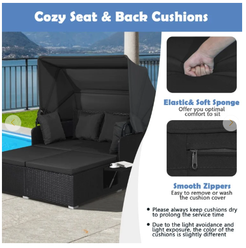 Patio Rattan Daybed with Retractable Canopy and Side Tables-Black (1 box unassembled)