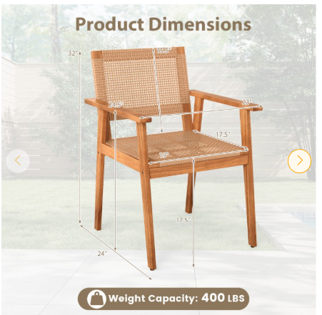 Set of 2, Acacia Wood Outdoor Dining Chairs with Backrests (Assembled) (Scratch and Dent)