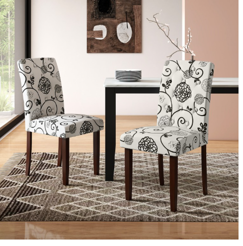 Button Tufted Fabric Upholstered Wooden Dining Chair Set of 2 with High Curved Back