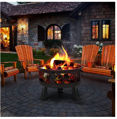 26" Wood Burning Fire Pit Floral Pattern , Black (Manufactures Defect)