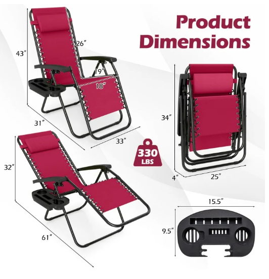 Zero Gravity Lounge Chair with Cup Holder & Removable Pillow