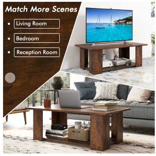 Large 41 Inch 2-tier Wooden Modern Coffee Table with Storage Shelf-Brown (Assembled)