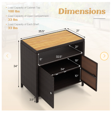 Rattan Storage Cabinet with Acacia Wood Countertop for Poolside Deck and Patio-Brown